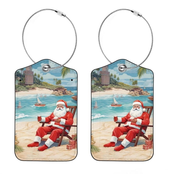 Santa Claus Vacation Luggage Tag, Travel Tags, Handbag Tag - Square PU Leather 2 Pack with Privacy Cover and Stainless Steel Ring - Suitable for Travel, Backpack, Handbag [Amazon Approved]