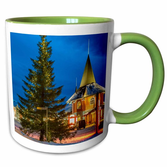 3drose, Santa Claus Village at Dusk, Rovaniemi, Finland, 11oz Two-tone Green Mug