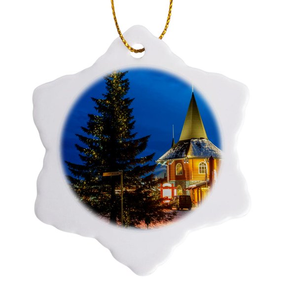 3drose, Santa Claus Village at Dusk, Rovaniemi, Finland, 3 inch Snowflake Porcelain Ornament