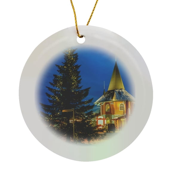 3drose, Santa Claus Village at Dusk, Rovaniemi, Finland, Circle Porcelain Ornament