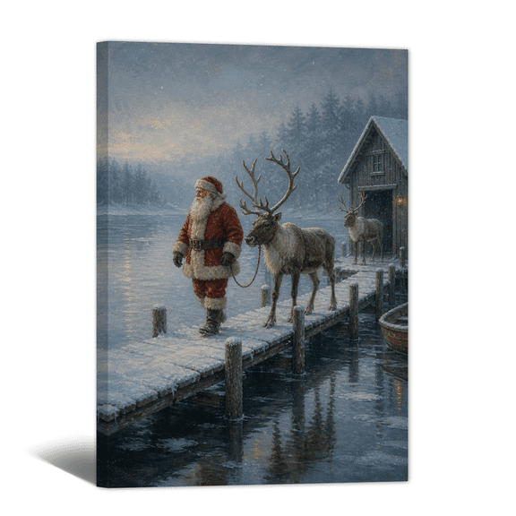 Santa Claus Wandering Canvas Wall Art Vintage Cozy Forest Scene Prints, Soft Gentle Artwork Paintings for Living Room Bedroom Home Wall Decor Christmas Gift