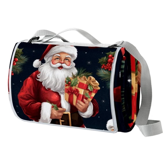 Santa Claus Waterproof Canvas Picnic Blanket Outdoor Mat for Beach, Camping, Hiking - Large Foldable Portable Mat with Handle and Waterproof Backing - 200cm x 150cm