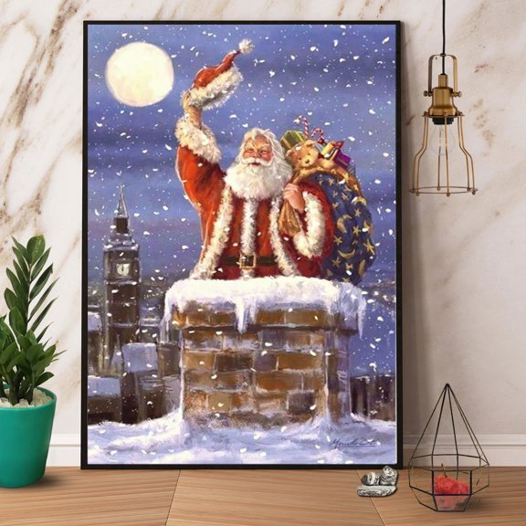Santa Claus Waving Hand Merry Christmas Snow Night Full Moon Vetical Paper Poster No Frame Wrapped Wall Decor 11 x 17 Inch Poster