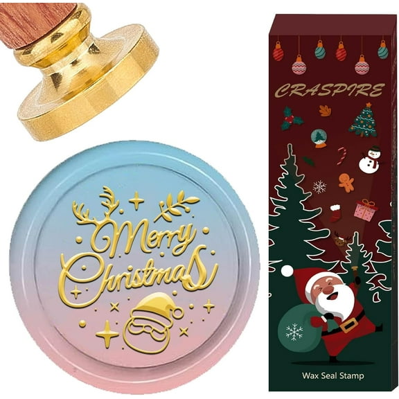 Santa Claus Wax Seal Stamp 30mm Merry Chirstmas Sealing Wax Stamps with Wooden Handle Removable Brass Head Vintage Seals Elk Antler Leaf Candy for Xmas Holiday Wedding Birthday Card Decor for DIY