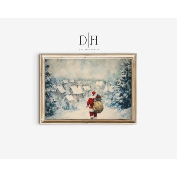Santa Claus Winter Village Art Poster Eve Scene, Unframed Poster Size 8x12