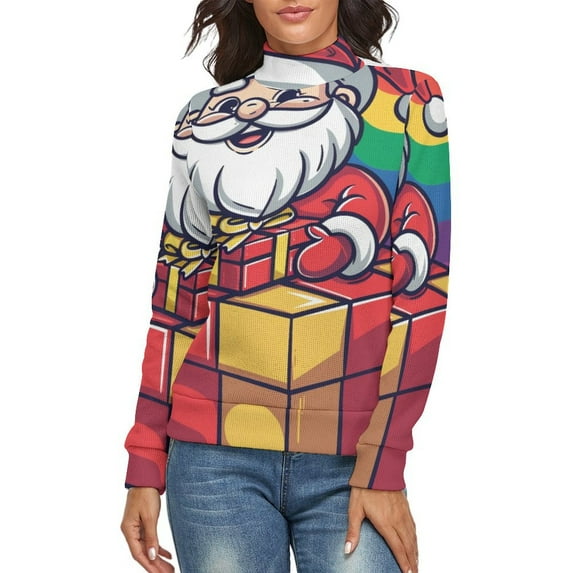 Santa Claus With Gift Women's Turtleneck Sweater Long Sleeve Ribbed Fitted Turtle Neck Casual Fall Winter Collection Top 2XL