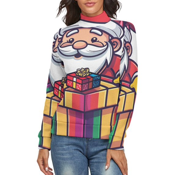 Santa Claus With Gift Women's Turtleneck Sweater Long Sleeve Ribbed Fitted Turtle Neck Casual Fall Winter Collection Top L