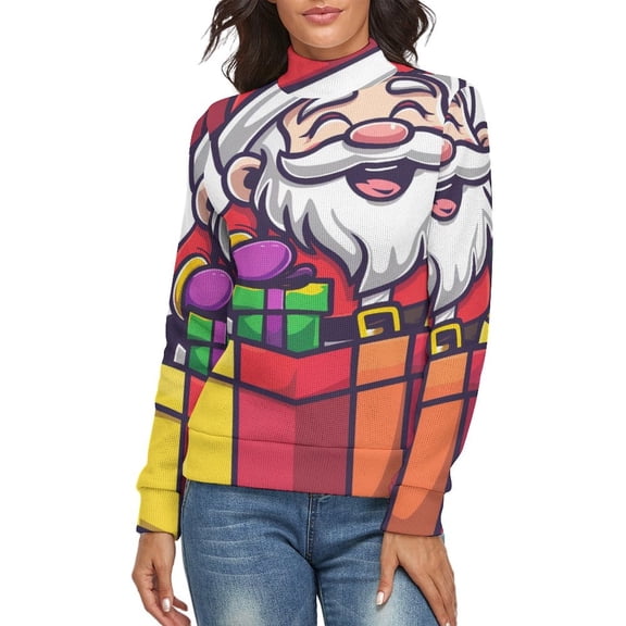 Santa Claus With Gift Women's Turtleneck Sweater Long Sleeve Ribbed Fitted Turtle Neck Casual Fall Winter Collection Top L