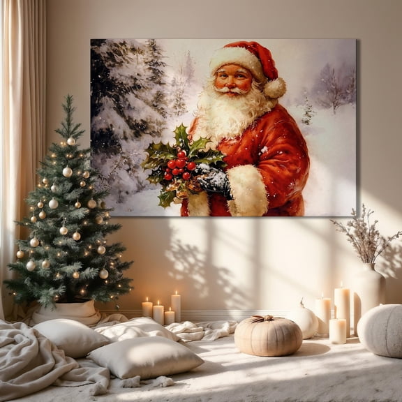 Santa Claus With Holly Wall Art Winter Festive Poster Winter Classic Art Poster Ready To Hang UNFRAMED Poster, Wall Art for Decor, Present, 24x36