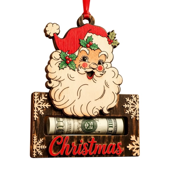 Santa Claus Wooden Cash Gift Holder with Snowflake Design, Christmas Tree Hanging Ornament for Holiday Gift Giving, Christmas Decoration