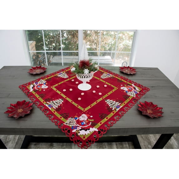 Santa Claus and Christmas Trees on Red Round Table Topper (34" Round/ 33" Square)