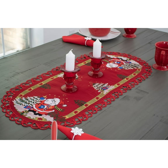 Santa Claus and Christmas Trees on Red Table Runner (16" x 35"/53")