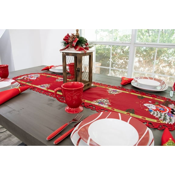 Santa Claus and Christmas Trees on Red Table Runner (16" x 35"/53")