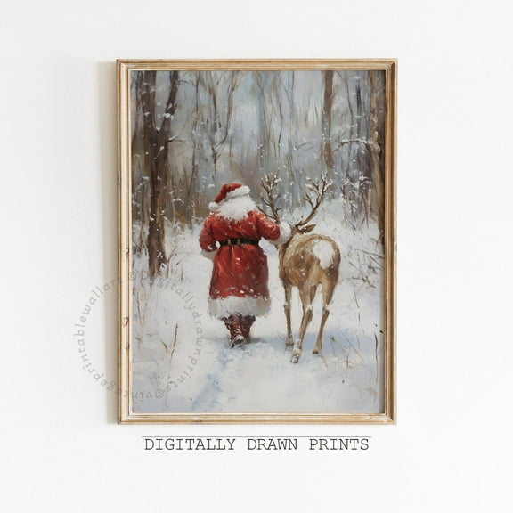 Santa Claus and Reindeer Wall Art Print, Snowy Winter Print Christmas Home Decor, Farmhouse Christmas Art, 24x36 UNFRAMED
