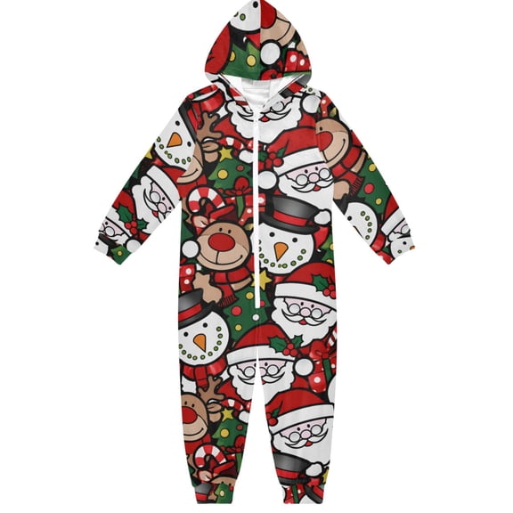 Santa Claus and Snowman Boys & Girls Hooded One-Piece Pajamas Warm Crystal velvet Hooded Long Sleeve Loungewear Jumpsuit Unisex