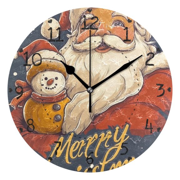 Santa Claus and Snowman Card Round Wall Clock Silent Battery Operated Home Decor for Living Room Bedroom