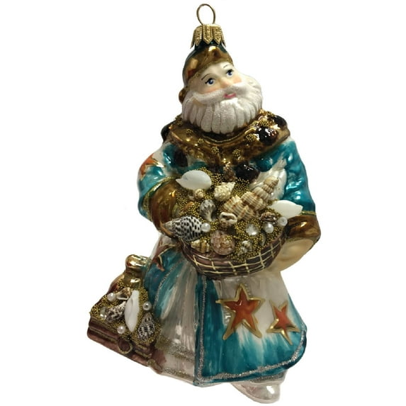 Santa Claus with Bags of Seashells Polish Glass Christmas Ornament Beach Coastal