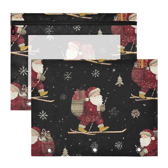 Santa Claus with Gift on Sleigh Christmas 3-Ring Binder Pocket with Zipper Pencil Pouches A4 Size File Storage 2 Packs