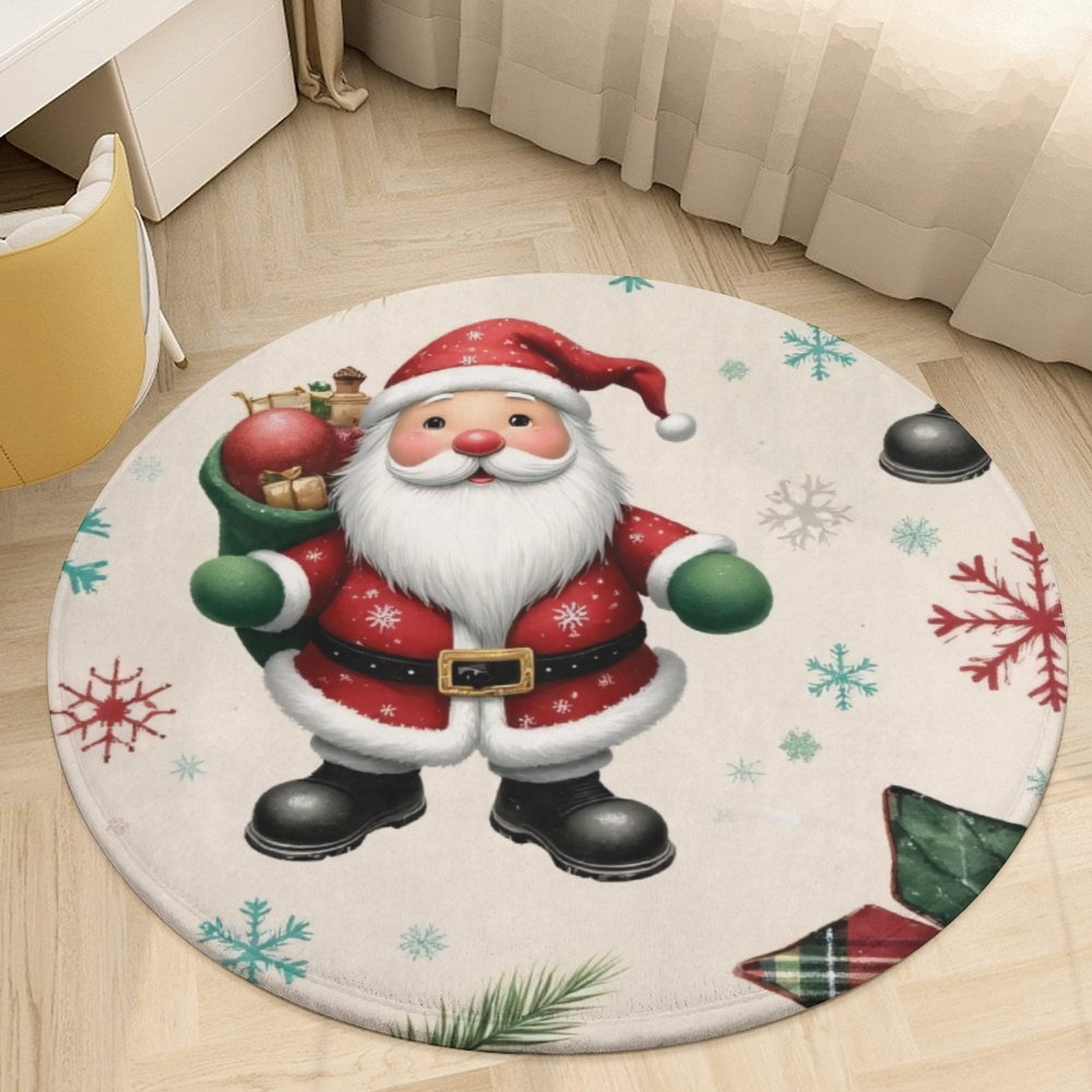 Santa Claus with Gifts And Snowflakes Pattern Round Area Rugs for ...