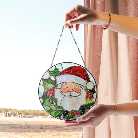 Santa Claus with Holly Stained Glass Suncatcher - Festive Christmas Window Decor