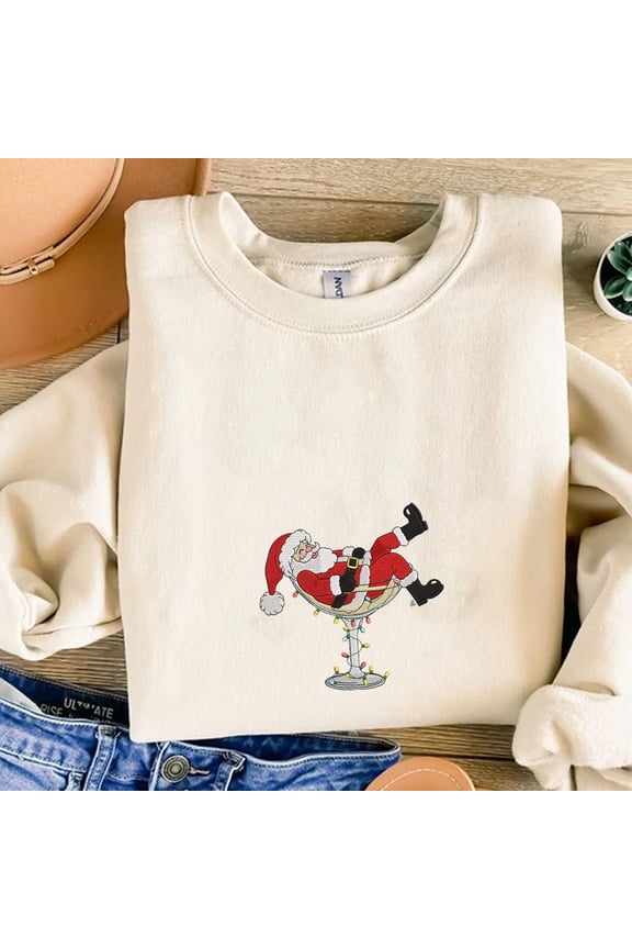 Santa Claus with Martini Glass Embroidery Design, Retro Drunk Santa in Cocktail Glass Design, Christmas Embroidery File, Funny Santa Design