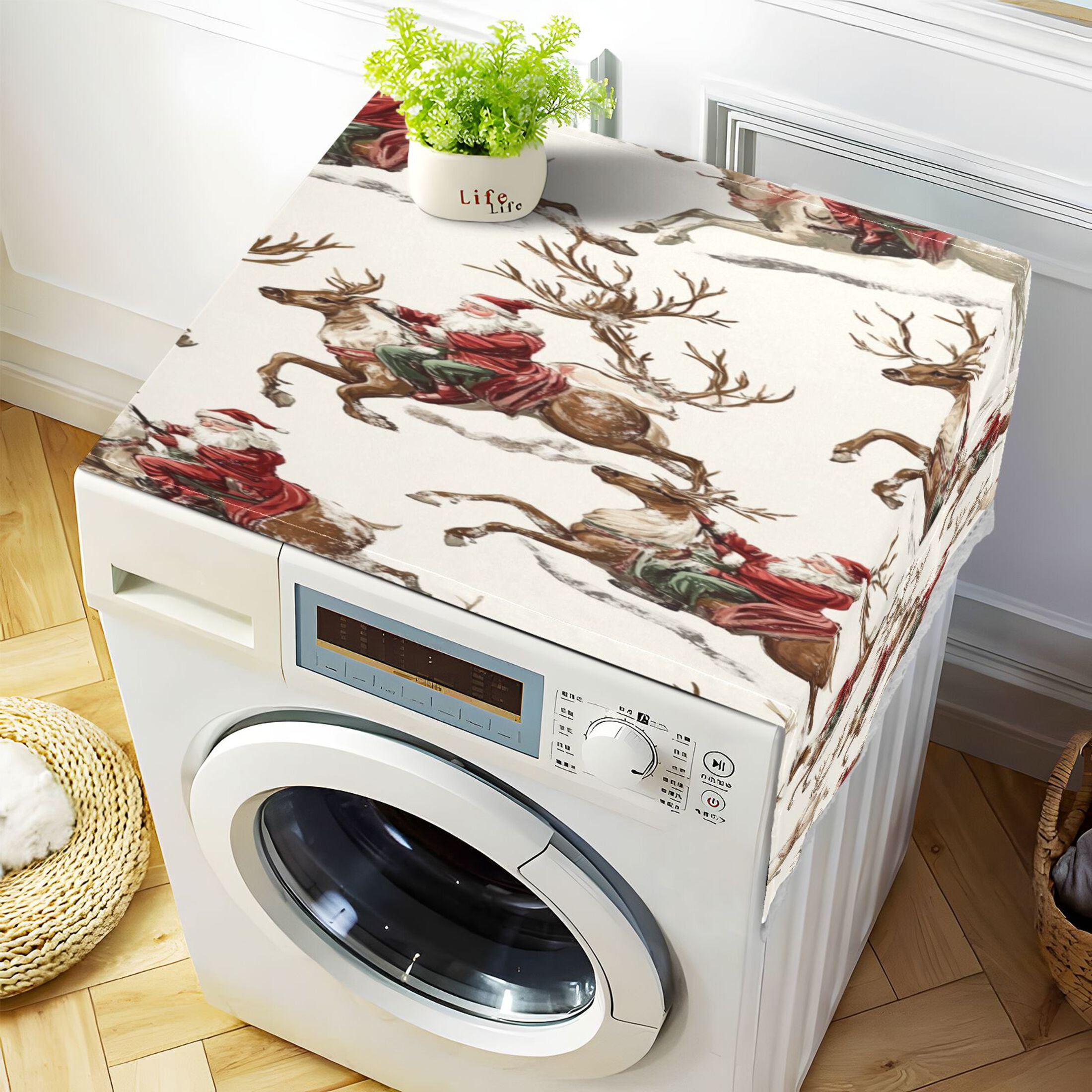 Santa ClausWasher and Dryer Covers Dust-Proof and Oil Resistant Fridge Cover with 4 Storage Pockets Washing Machine Top Cover for Laundry Kitchen Home 51.2 x 22 In