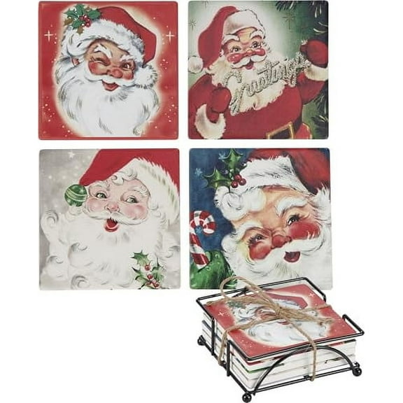 Primitives By Kathy 4.00In Santa Claus Coaster Set, Stone, Greetings Metal Holder 115322