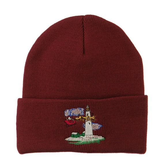 Santa Clause Flying Reindeers Embroidered Beanie - Maroon OSFM