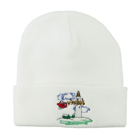 Santa Clause Flying Reindeers Embroidered Beanie - White OSFM