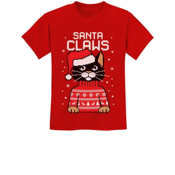 Santa Claws Cat Ugly Christmas Youth Kids T-Shirt Small Red