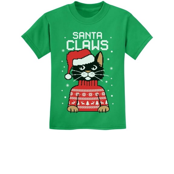 Santa Claws Cat Ugly Christmas Youth Kids T-Shirt Small Red
