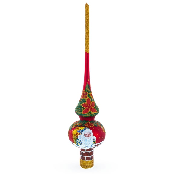 Santa in Chimney & Poinsettia Design Glass Christmas Tree Topper 11 Inches