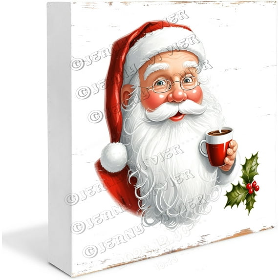 Santa with Coffee Printed Wood Box Sign for Decoration for Home & Display,Christmas Plaque for Table, Desk, Office - Stocking Stuffers for Men & Women5"x5"