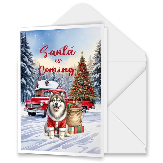 Santa is Coming Alaskan Malamute Merry Christmas Xmas Noel Truck Tree 5x7in Folded Greeting Card Alaska Mal Dog Lovers Gifts Single Note Card with Envelope - 02023