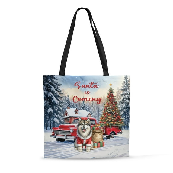 Santa is Coming Alaskan Malamute Merry Christmas Xmas Noel Truck Tree All Over Print 3D Canvas Tote Bag Alaska Mal Dog Lovers Gifts Reusable Handbag - 02023