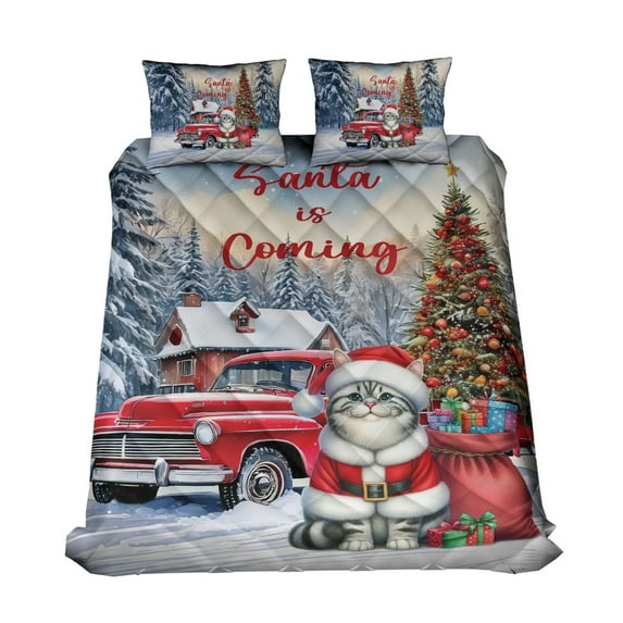 Santa is Coming American Shorthair Merry Christmas Xmas Noel Truck Tree Quilt Bedding Set Cat Lover Kitten Owner Gifts 1 Blanket Bed Cover 2 Pillowcases - 02023