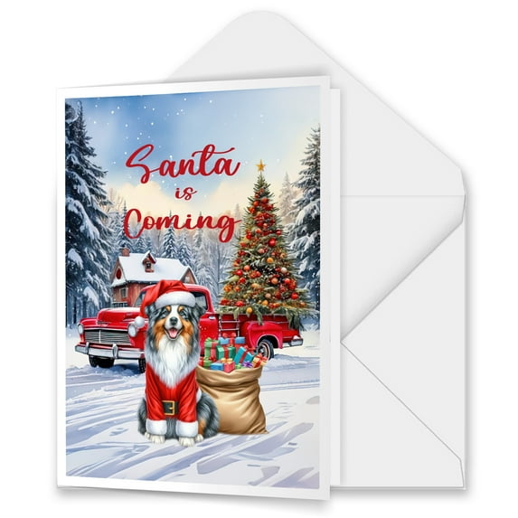 Santa is Coming Australian Shepherd Merry Christmas Xmas Noel Truck Tree 5x7in Folded Greeting Card Aussie Dog Lover Gifts Single Note Card with Envelope - 02023