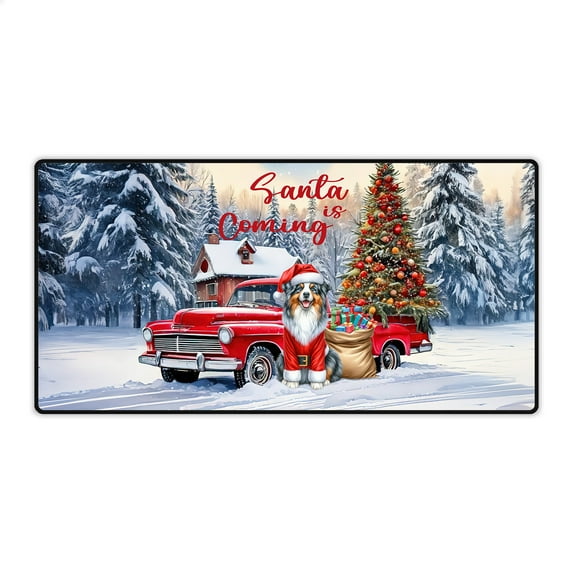 Santa is Coming Australian Shepherd Merry Christmas Xmas Noel Truck Tree Desk Mat Full Keyboard Mouse Pad Aussie Dog Lover Gifts Large Mousepad - 02023