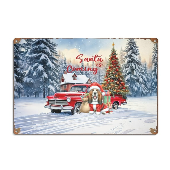 Santa is Coming Basset Hound Merry Christmas Xmas Noel Truck Tree Horizontal Metal Aluminum Sign Bassets Dog Breed Lovers Gifts Idea Wall Art Home Decor - 02023
