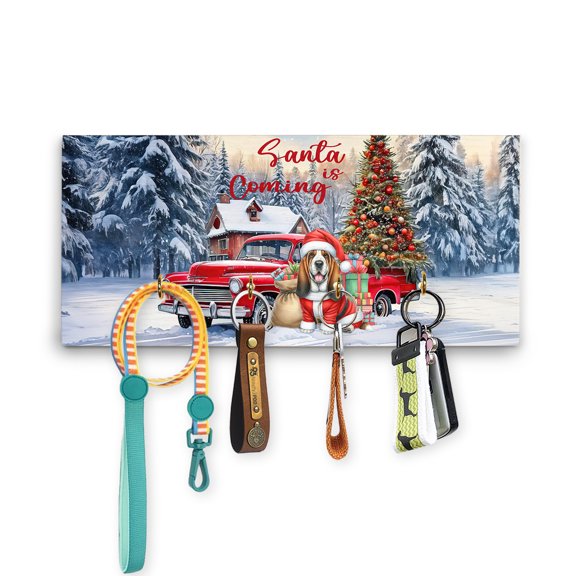 Santa is Coming Basset Hound Merry Christmas Xmas Noel Truck Tree Wood Key Holder Bassets Dog Breed Lovers Gifts Idea Wall-mounted Key Rack Home Decor - 02023