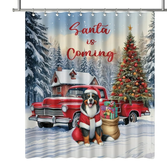 Santa is Coming Bernese Mountain Dog Merry Christmas Xmas Noel Truck Tree Shower Curtain Berner Lover Gifts Waterproof Bathroom Bathtub Curtain - 02023