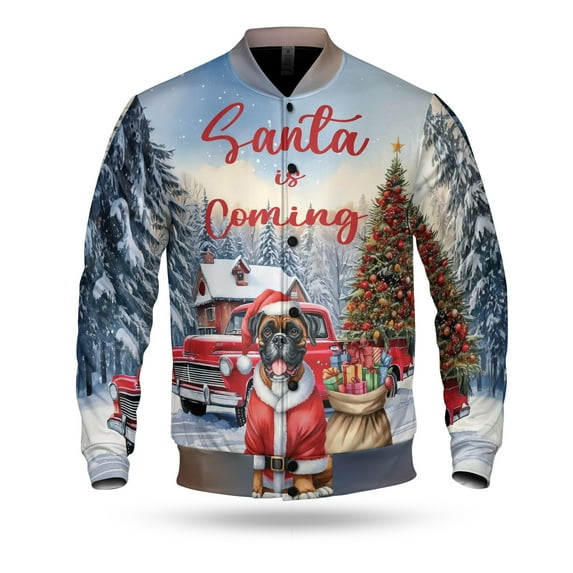 Santa is Coming Boxer Merry Christmas Xmas Noel Truck Tree All Over Print 3D Baseball Jacket Boxers Dog Lover Gifts Idea Bomber Jacket Softball - 02023