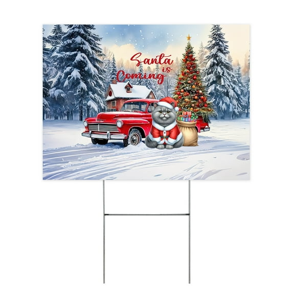 Santa is Coming British Shorthair Merry Christmas Xmas Noel Truck Tree Yard Sign Cat Lover Kitten Owner Gifts Outdoor Home Lawn Garden Porch Decor - 02023