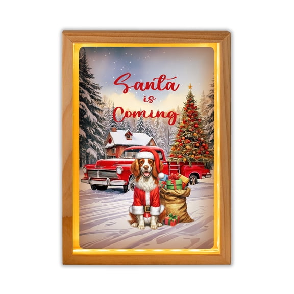 Santa is Coming Brittany Spaniel Merry Christmas Xmas Noel Truck Tree Acrylic Plaque with Wood Photo Frame Box Brittany Dog Lover Gifts Idea Light Box - 02023