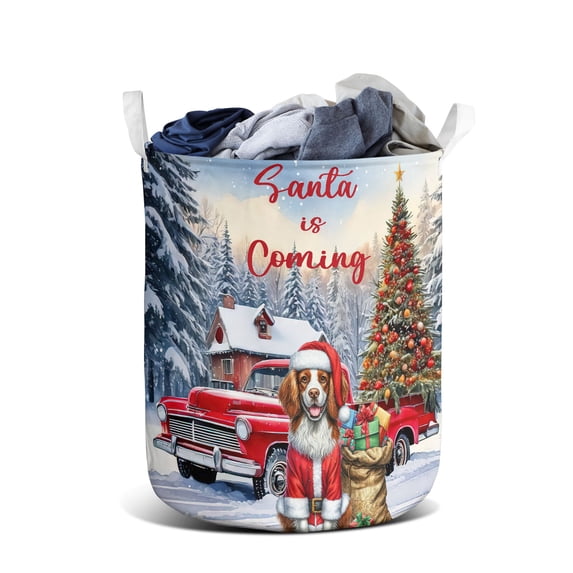 Santa is Coming Brittany Spaniel Merry Christmas Xmas Noel Truck Tree Foldable Laundry Basket Brittany Dog Lover Gifts Idea Organizer Storage with Handles - 02023