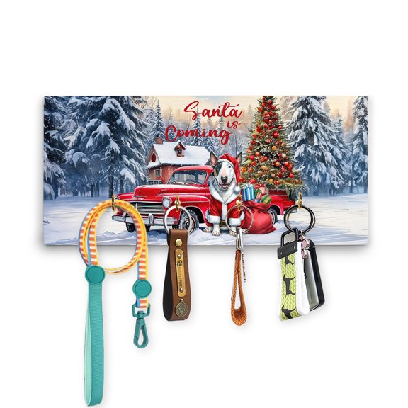 Santa is Coming Bull Terrier Merry Christmas Xmas Noel Truck Tree Wood Key Holder Bully Dog Lovers Gifts Idea Wall-mounted Key Rack Home Decor - 02023