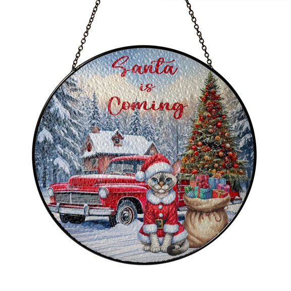 Santa is Coming Devon Rex Merry Christmas Xmas Noel Truck Tree Stained Glass Suncatcher Cat Lover Kitten Owner Gifts Window Hanging Sign Decor - 02023