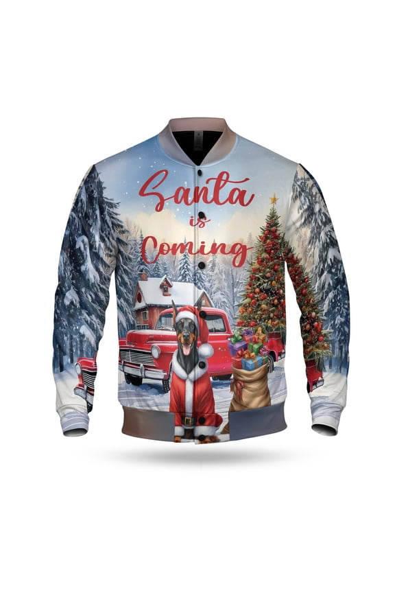 Santa is Coming Doberman Pinscher Merry Christmas Xmas Noel Truck Tree All Over Print 3D Baseball Jacket Doberman Dog Lover Gifts Bomber Jacket Softball - 02023