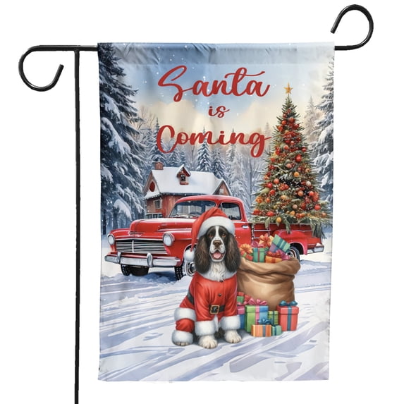 Santa is Coming English Springer Spaniel Merry Christmas Xmas Noel Truck Tree Garden Flag 12x18in Double Sided Springers Dog Lover Gifts Outdoor Decor - 02023