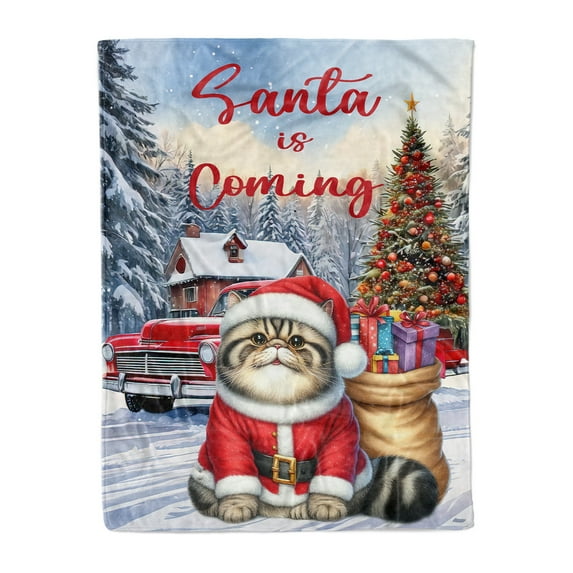 Santa is Coming Exotic Shorthair Merry Christmas Xmas Noel Truck Tree Cozy Fleece Blanket Cat Lover Kitten Owner Gifts Warm Soft Throw Blanket - 02023